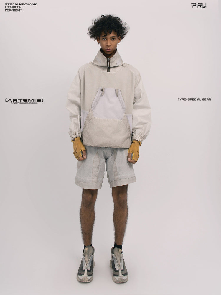 PIONEER eris white detachable-pocket utility hoodie in eris white — front modeled view styled with light shorts