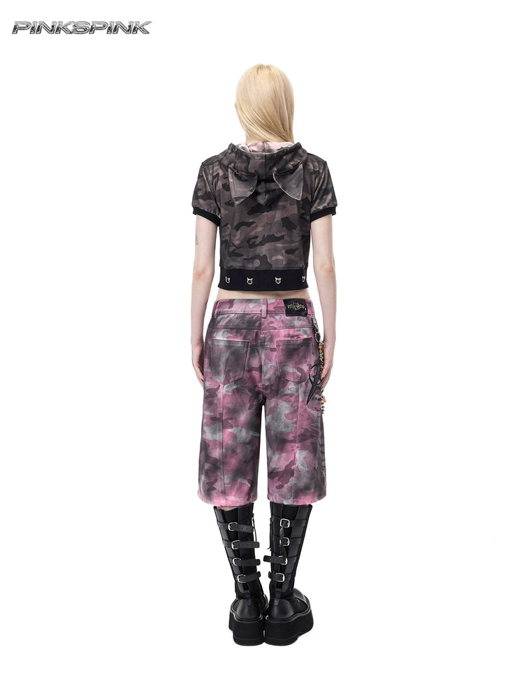 PINKSPINK ELECTRIC MOON coated camouflage denim shorts in pink-gray camouflage — full rear modeled view showing back pockets and coated finish