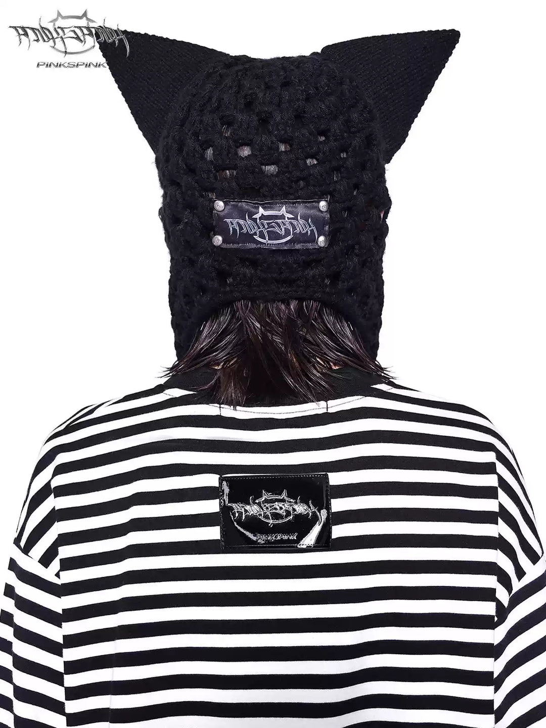 PINKSPINK ELECTRIC MOON chain cat-ear open-knit beanie — alternate modeled view showing the silhouette