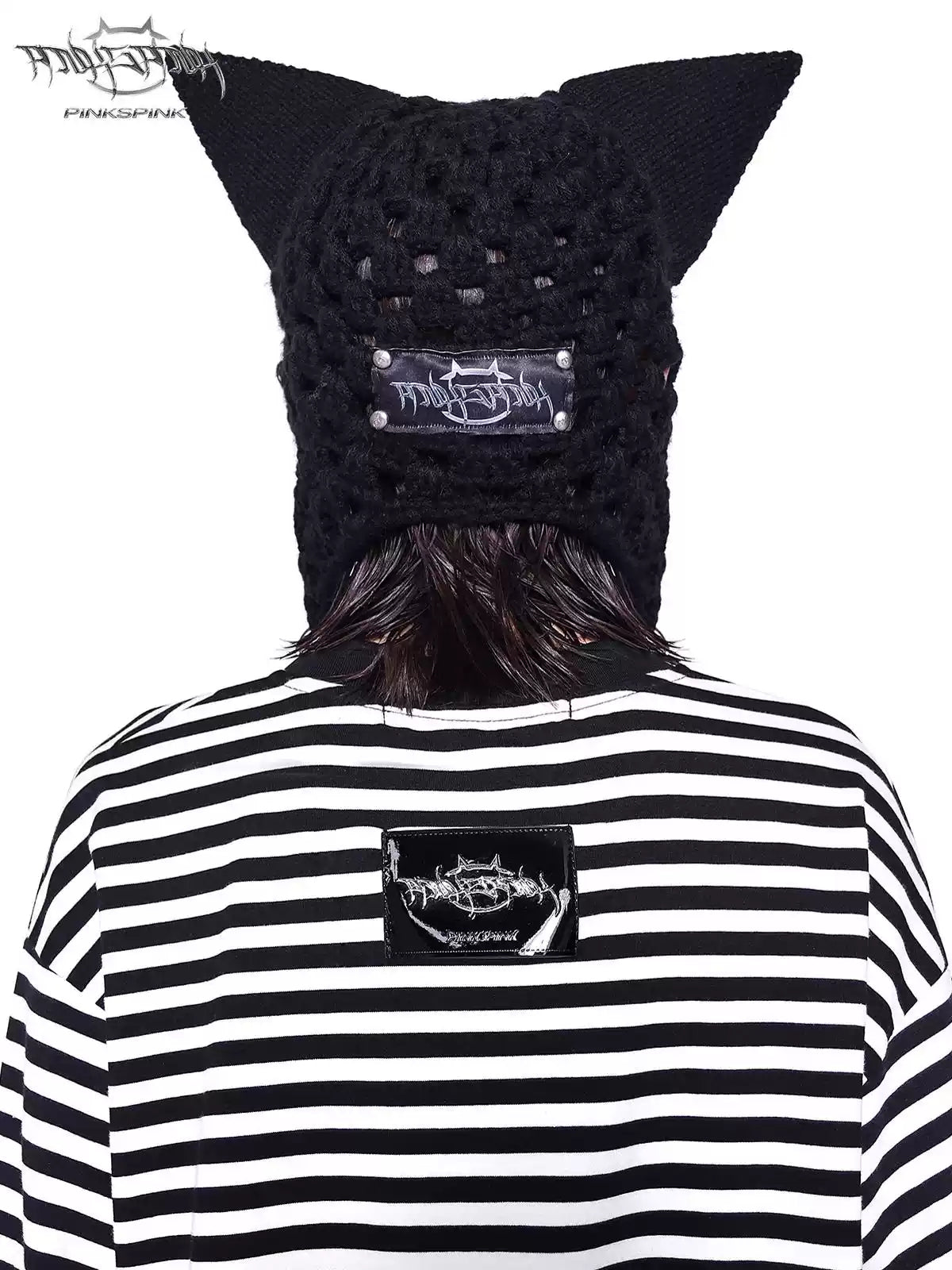 PINKSPINK ELECTRIC MOON chain cat-ear open-knit beanie — alternate modeled view showing the silhouette