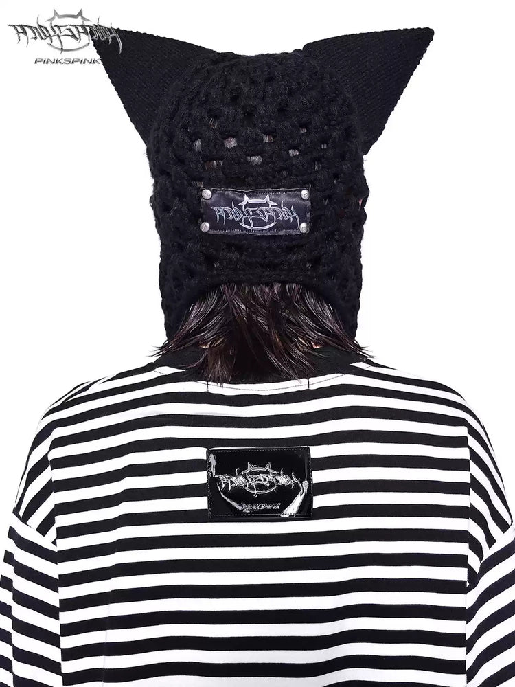 PINKSPINK ELECTRIC MOON chain cat-ear open-knit beanie — alternate modeled view showing the silhouette
