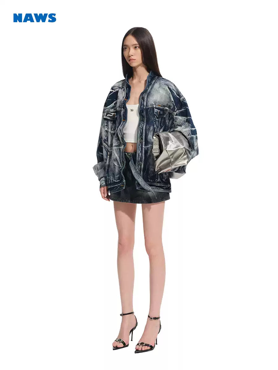 NAWS VOLCANO washed denim stand-collar jacket — modeled front styling view