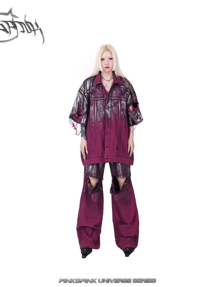PINKSPINK ELECTRIC MOON silver-coated convertible jeans in burgundy silver — straight front modeled view with a matching jacket