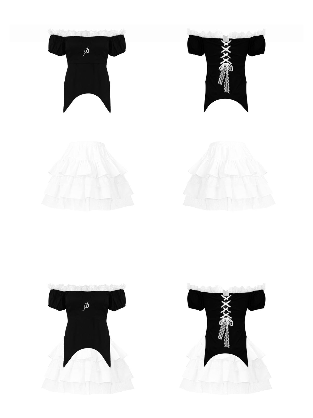 PINKSPINK BUTTERFLY EFFECT off-shoulder two-piece mini dress in black white — front and back garment-only views with the top and skirt separated and layered