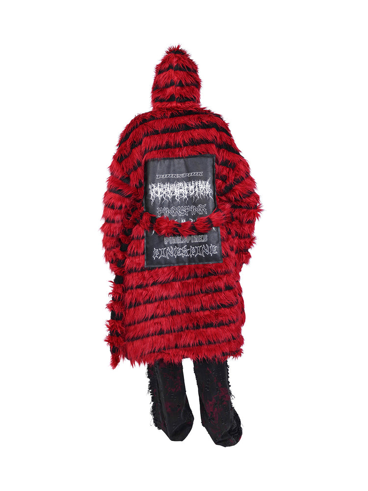 PINKSPINK ELECTRIC MOON black-red faux-fur hooded long coat — red and black full-length rear modeled view showing graphic back panels and hood