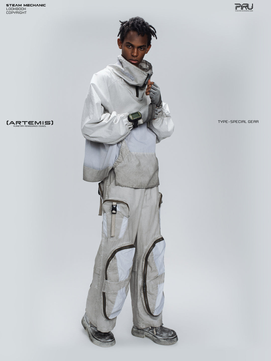 PIONEER eris white detachable-pocket utility hoodie in eris white — full-length modeled view showing the utility hoodie with matching light trousers