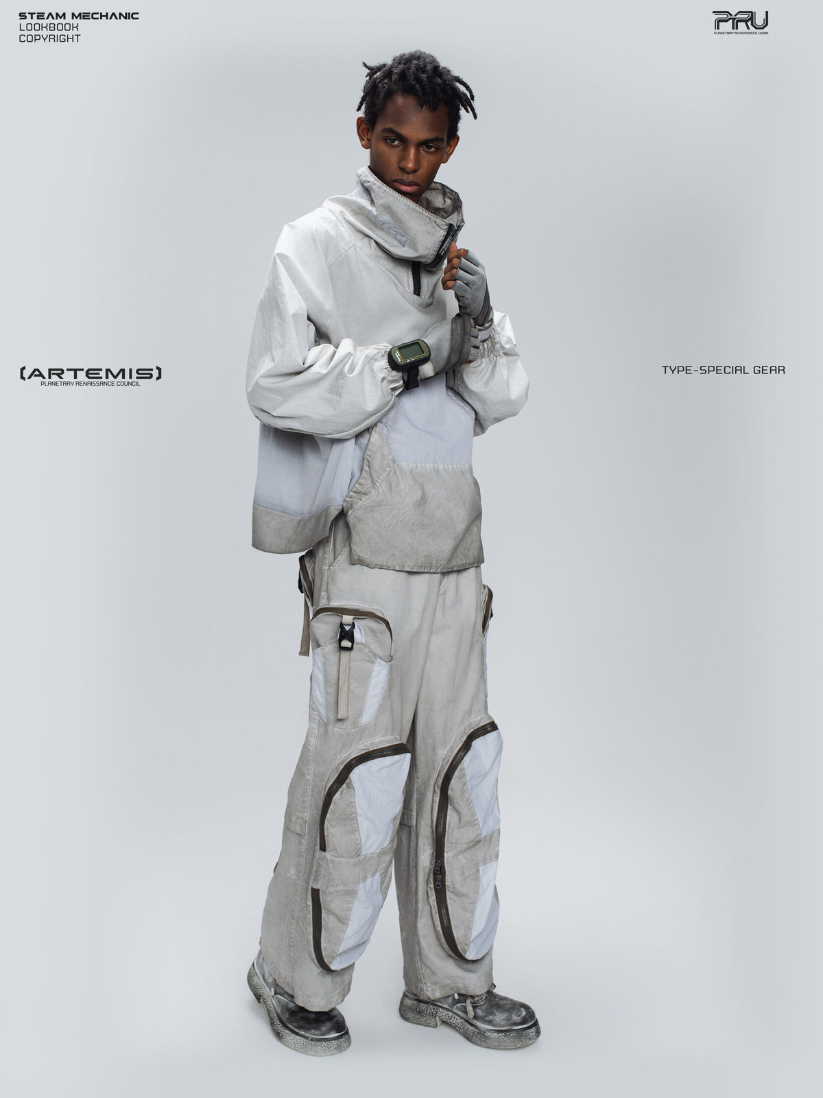 PIONEER eris white detachable-pocket utility hoodie in eris white — full-length modeled view showing the utility hoodie with matching light trousers