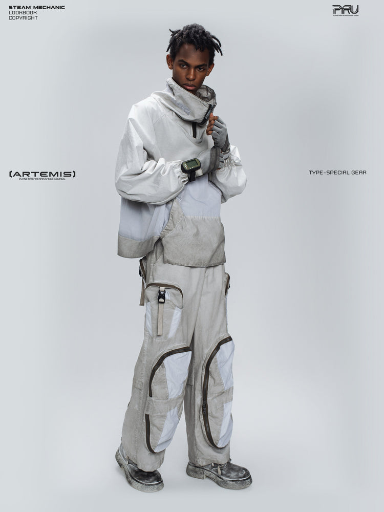 PIONEER eris white detachable-pocket utility hoodie in eris white — full-length modeled view showing the utility hoodie with matching light trousers