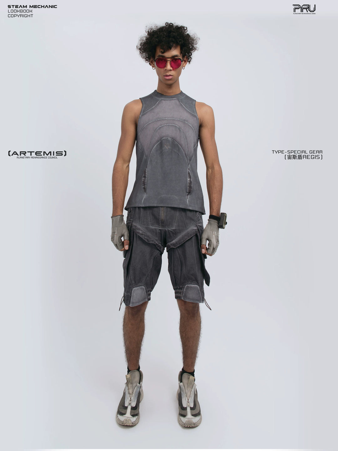 AEGIS stellar blue distressed mesh tank — front modeled product view