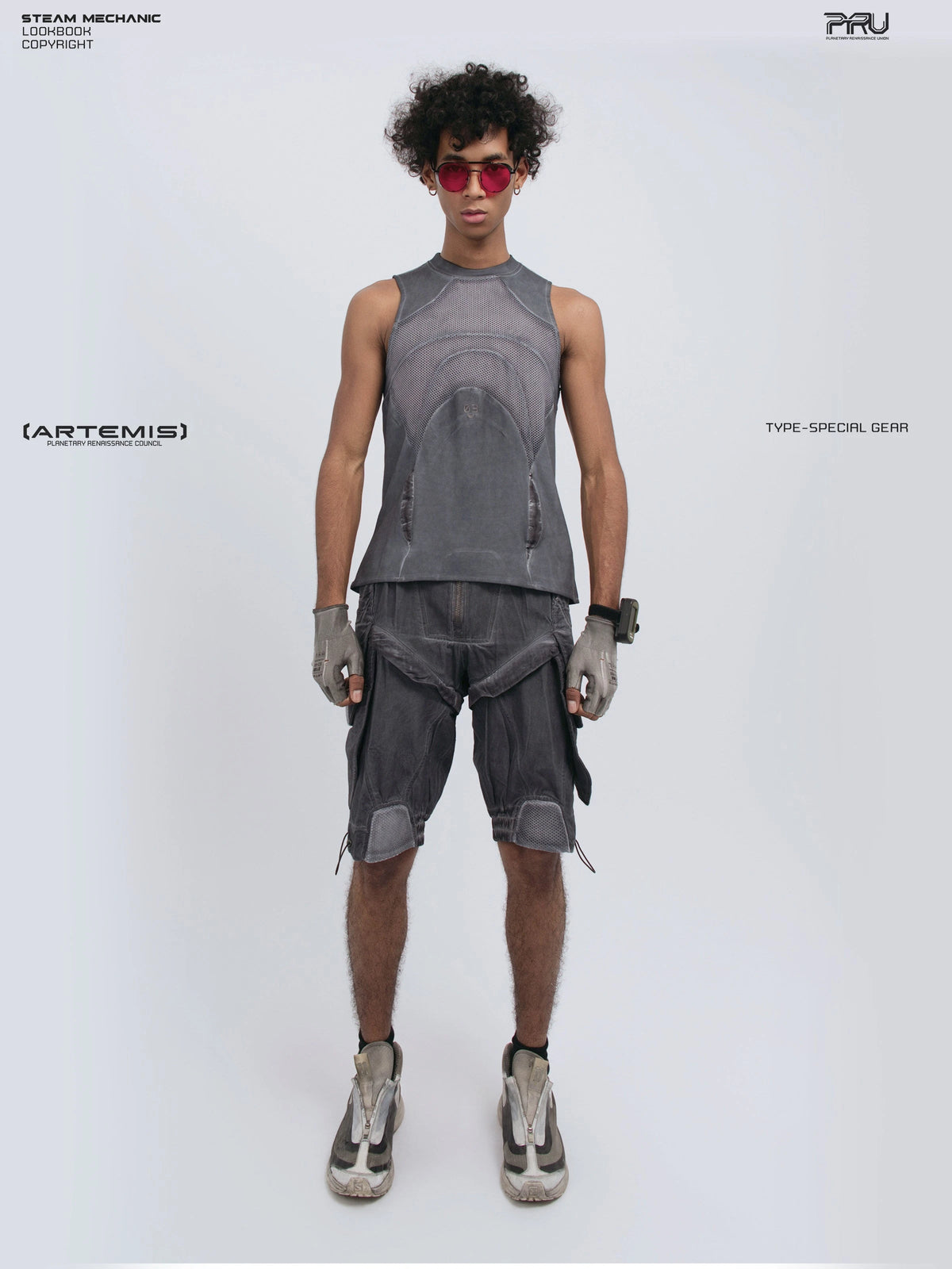 AEGIS stellar blue distressed mesh tank — full-length front modeled view