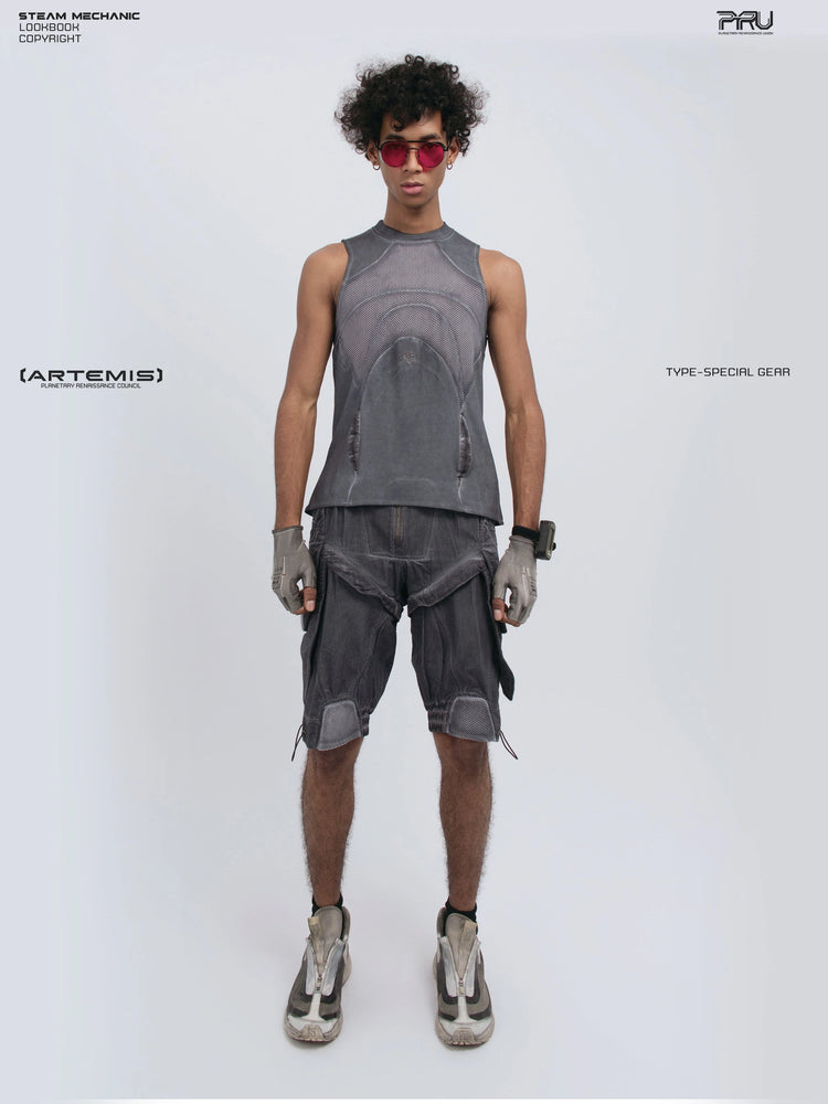 AEGIS stellar blue distressed mesh tank top — full-length front modeled view