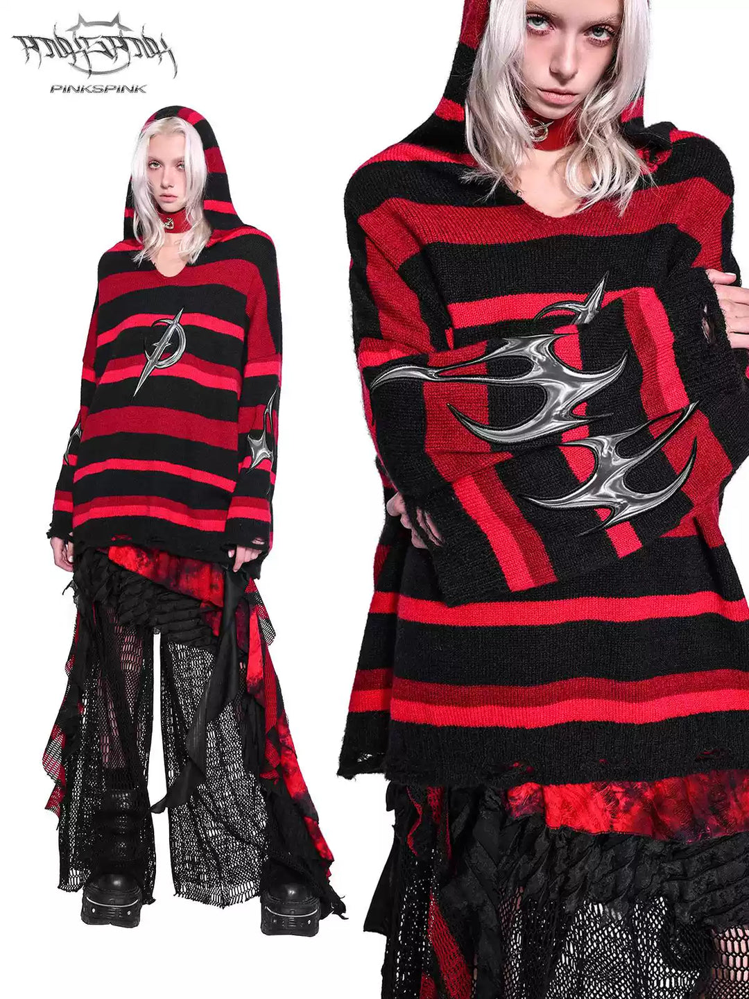 PINKSPINK ELECTRIC MOON striped hooded sweater in BLACK AND RED — two-view front hero collage with crossed sleeves and full-body styling.