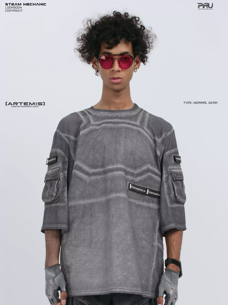 STARCORE moon dust gray velcro mesh tee — front three-quarter modeled view with red sunglasses