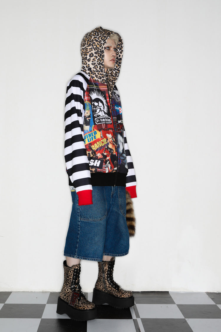 DEADENDKIDS PUNK COLLAGE fleece zip hoodie — material and print detail