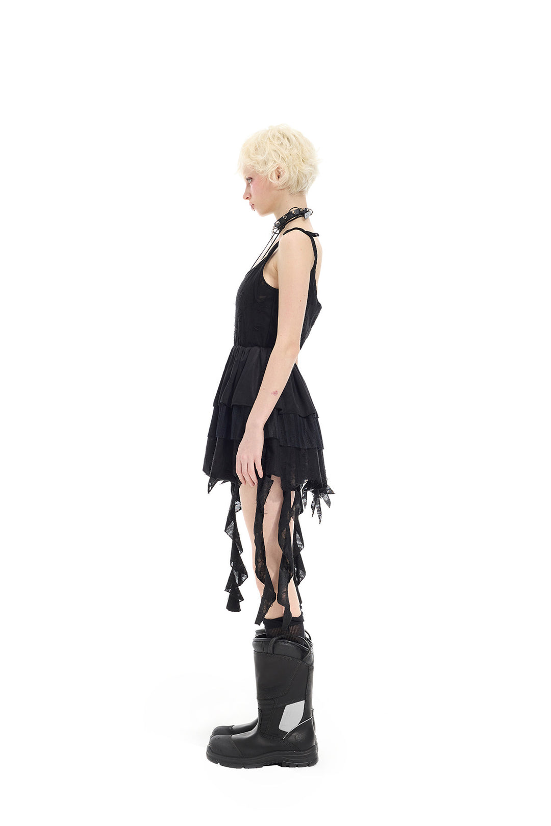PINKSPINK ELECTRIC MOON two-way layered lace mini dress — black dress — full-length side modeled view