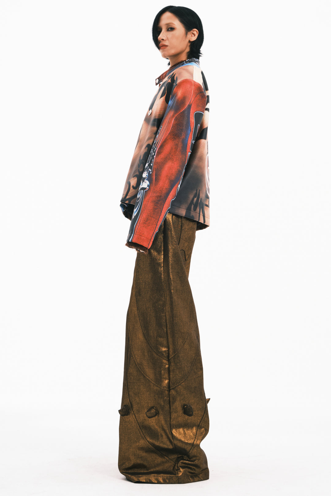 EMBRYO POWER TOTEM muscle-print PU leather jacket — rear modeled view