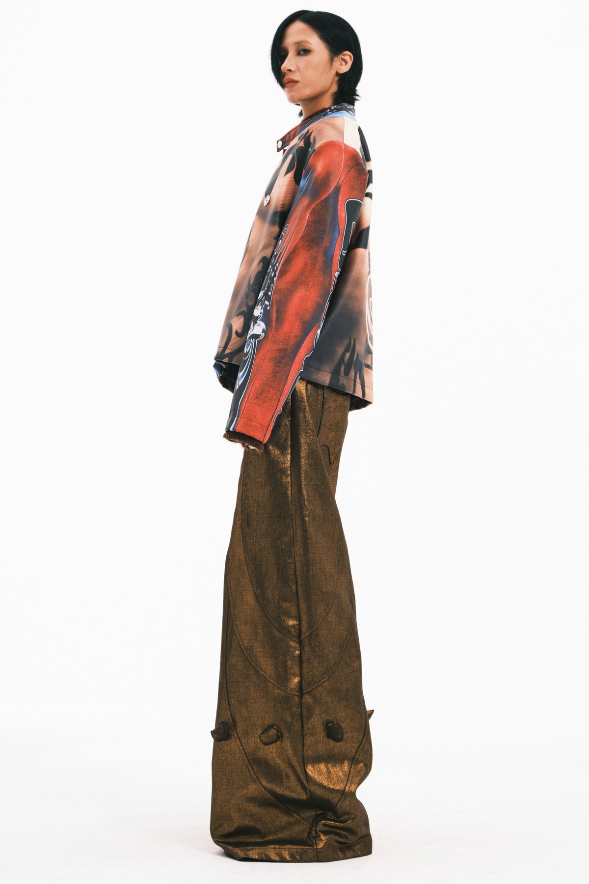 EMBRYO POWER TOTEM muscle-print PU leather jacket — rear modeled view
