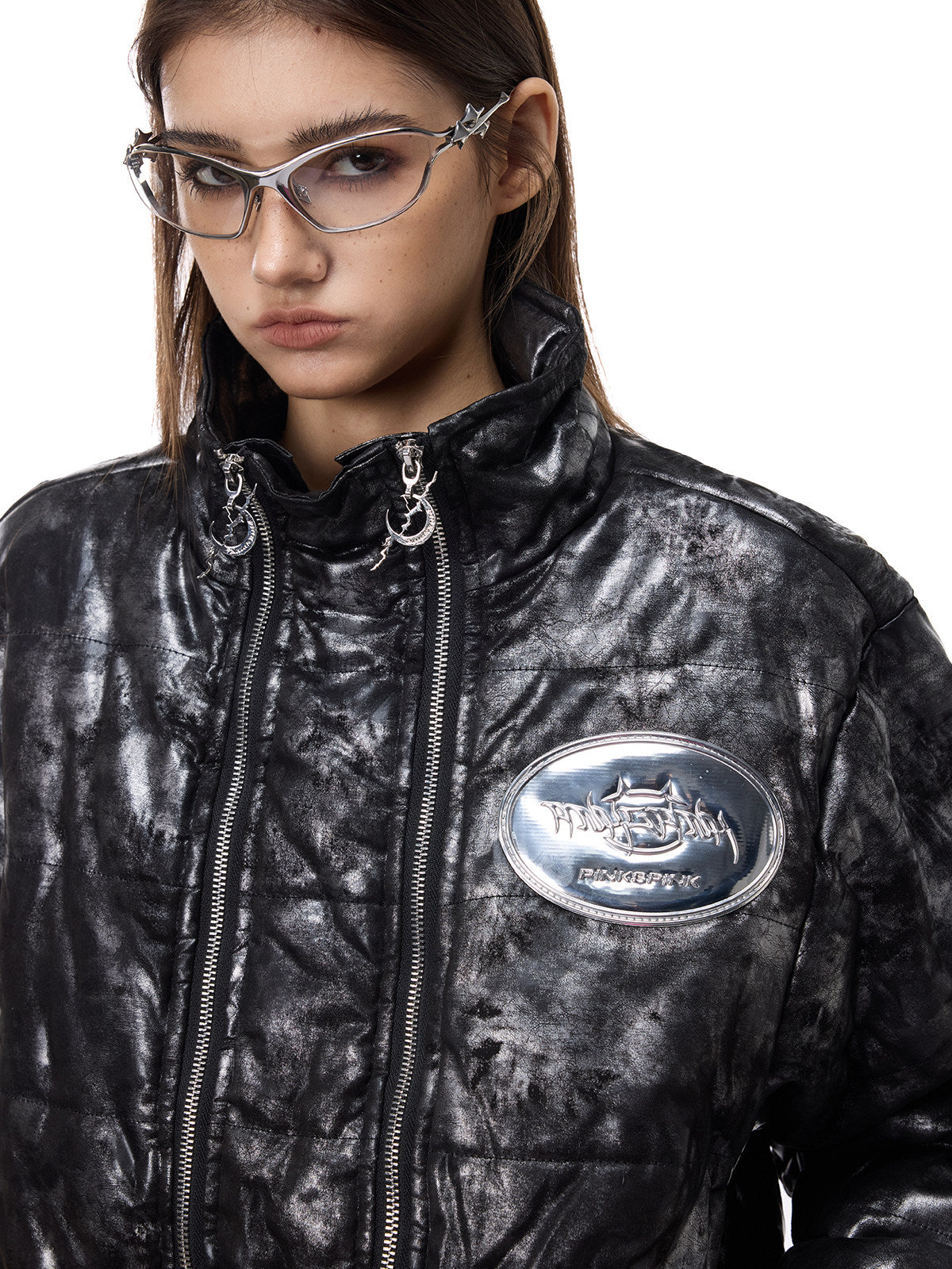 PINKSPINK ELECTRIC MOON metallic cropped puffer jacket — front modeled detail of zipper and padded panels
