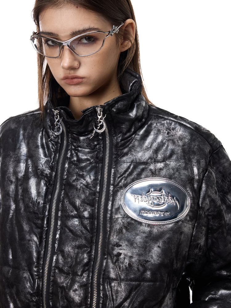PINKSPINK ELECTRIC MOON metallic cropped puffer jacket — front modeled detail of zipper and padded panels
