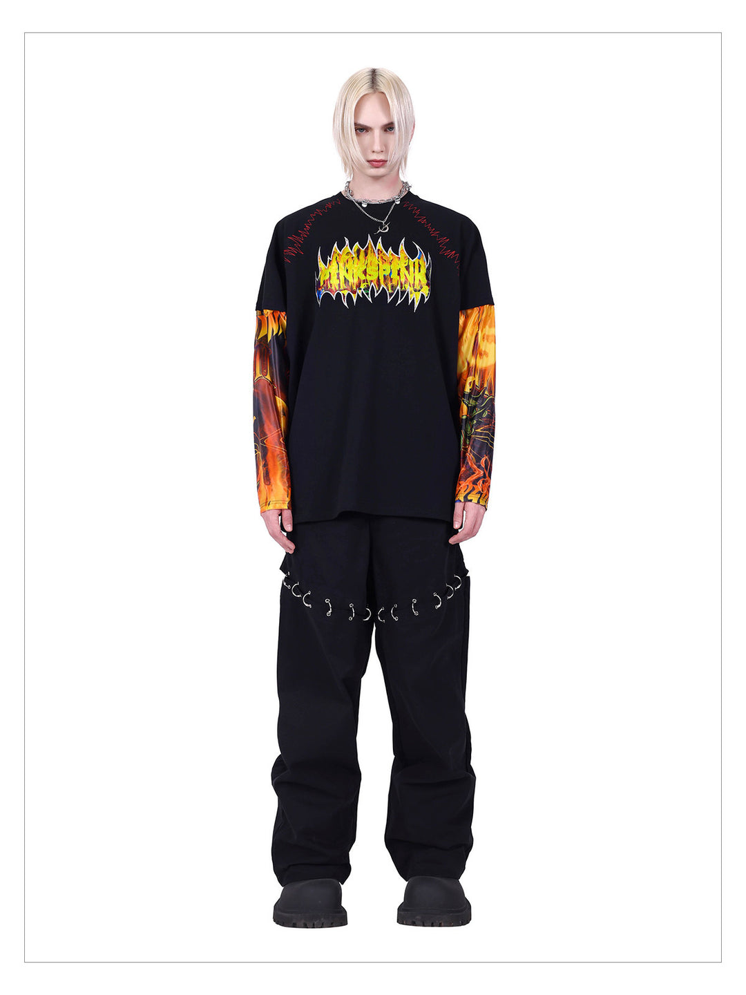 PINKSPINK FIRE CAT layered-sleeve graphic tee — product detail view showing texture and hardware