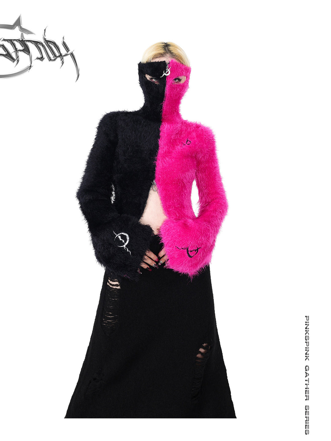 PINKSPINK ELECTRIC MOON split-color balaclava zip sweater — front three-quarter modeled view with hands together