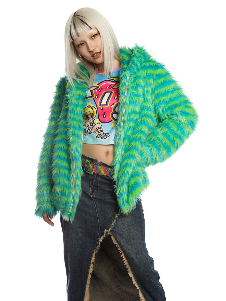 DEADENDKIDS RAVE STRIPE faux-fur hooded jacket — material and print detail