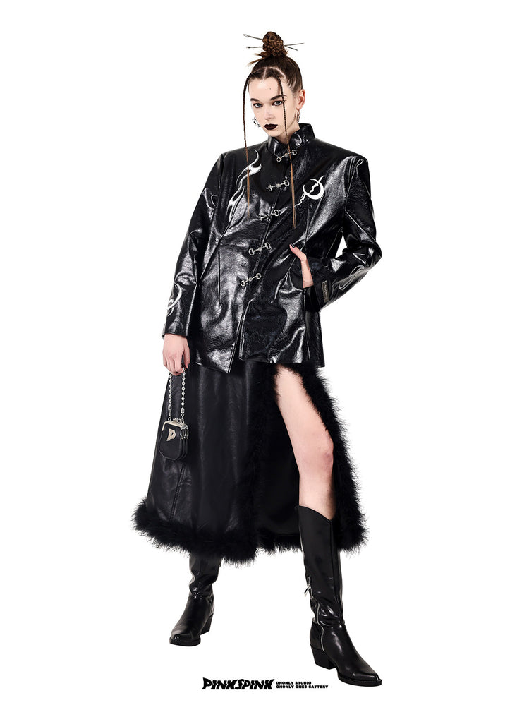 PINKSPINK ELECTRIC MOON embroidered buckle jacket — black full-length angled view showing the pointed shoulders