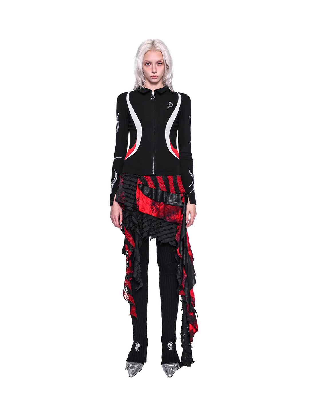 PINKSPINK ELECTRIC MOON layered striped mesh mini skirt — black and red — full-length layered styling with a zip jacket