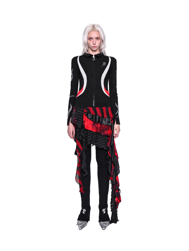 PINKSPINK ELECTRIC MOON layered striped mesh mini skirt — black and red — full-length layered styling with a zip jacket
