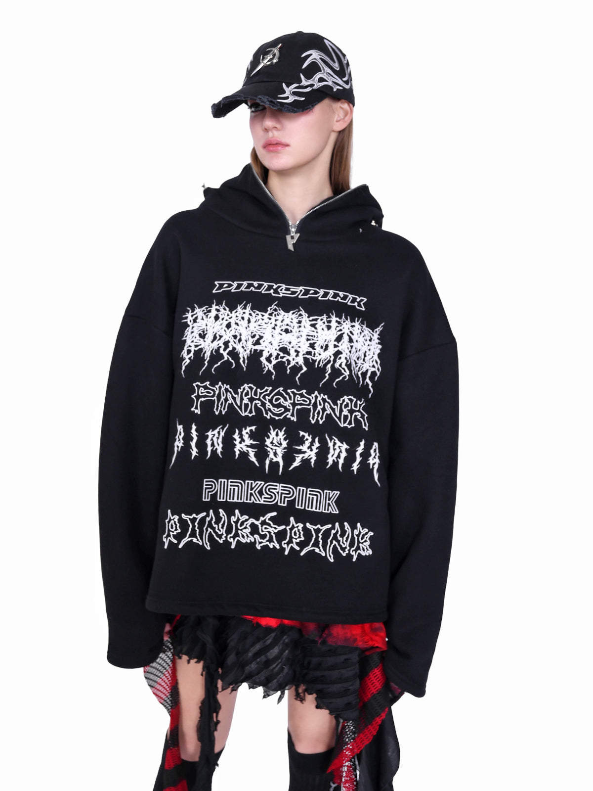 PINKSPINK MASK DECOMPOSITION hoodie — closer front view of the stacked white chest graphics and dropped shoulders