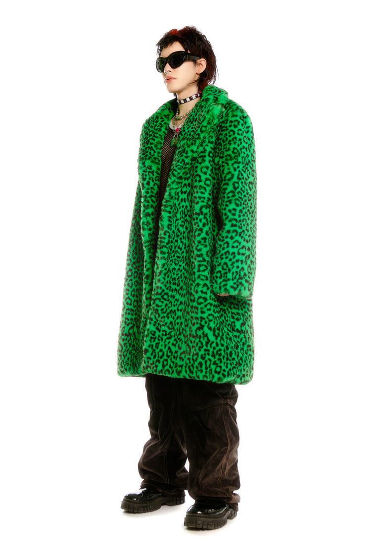 DEADENDKIDS LEOPARD RIOT long faux-fur coat & hat — alternate modeled angle
