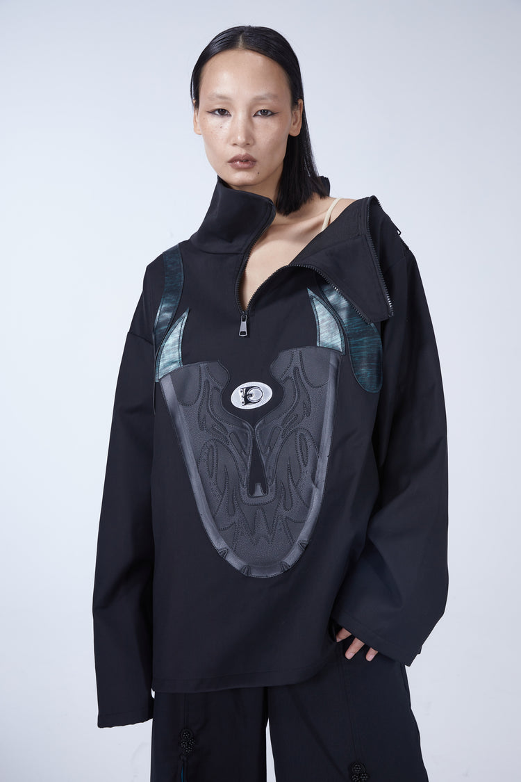 EMBRYO SHOE COLLAR asymmetrical sweatshirt — full-length modeled view