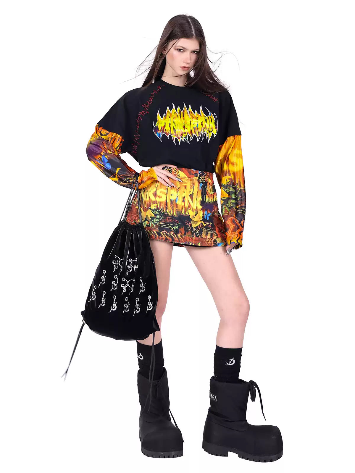 PINKSPINK FIRE CAT convertible zip A-line skirt — alternate modeled view showing the silhouette