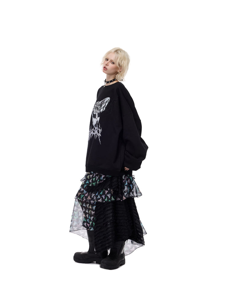 PINKSPINK CAT ALIEN asymmetric mesh maxi skirt — side full-length styling with black sweatshirt