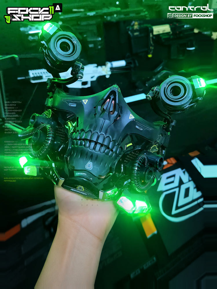 FOCKSHOP STARPOLE skull cyber mask — black illuminated mask displayed with colored lamps and a black fabric base hood