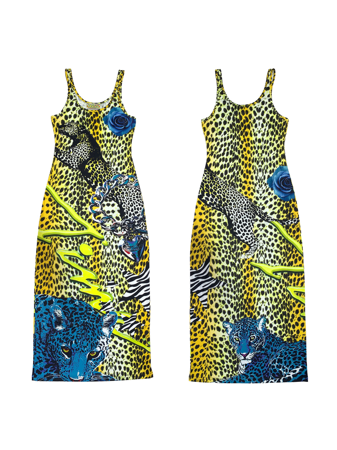 DEADENDKIDS LEOPARD ROSE fitted tank maxi dress — full-length modeled view