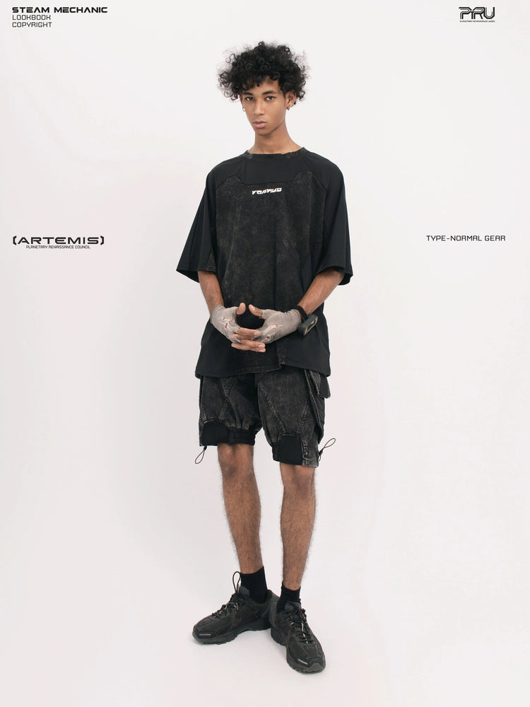 STARCORE black tortoise velcro mesh tee — full-length front modeled view with hands clasped