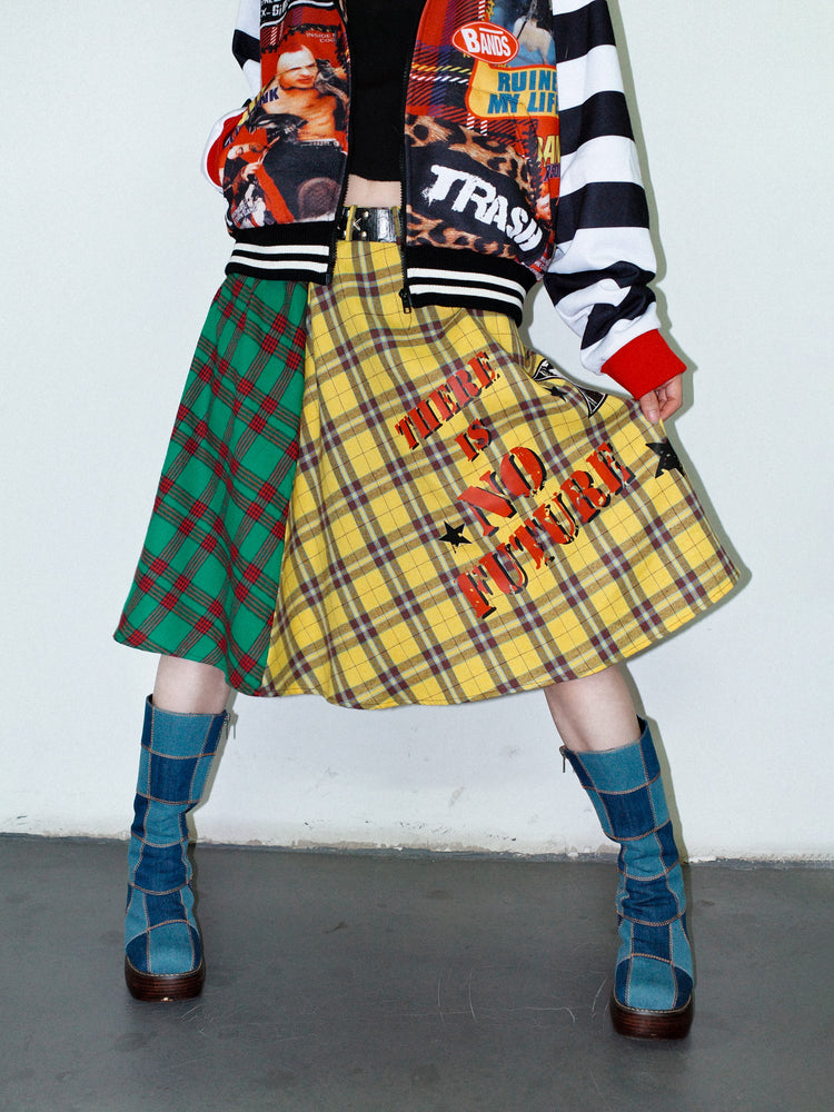 DeadEndKids BadGals Club double-sided plaid A-line skirt — yellow-green front gallery view
