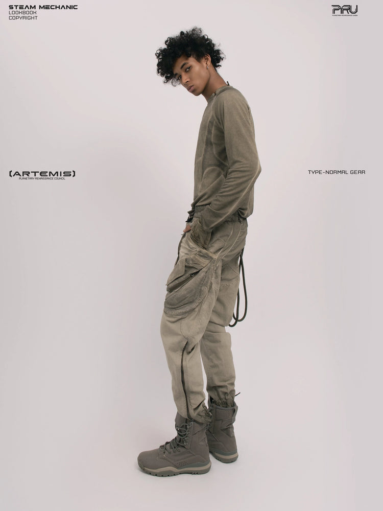 TWIN STAR lunar soil teal stretch riding base-layer top — full-length opposite side view