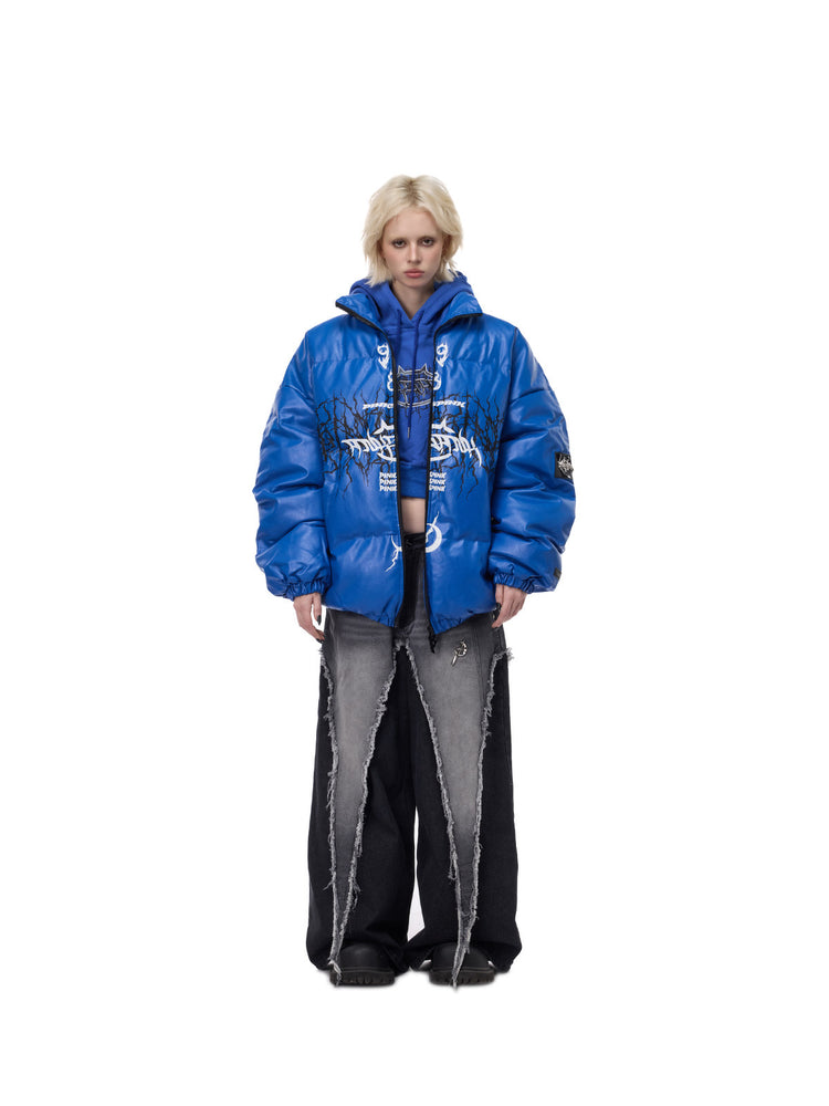 PINKSPINK MOTORBLOC padded faux-leather jacket — Klein blue front styling with the jacket partly open