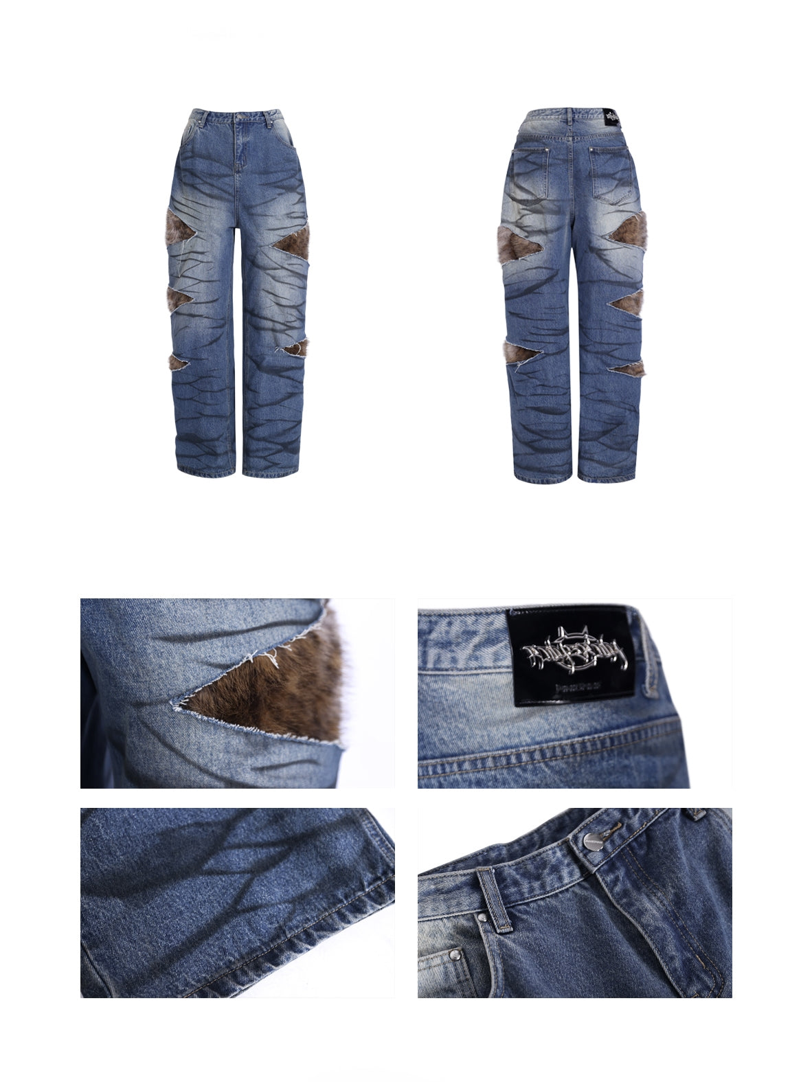 PINKSPINK SCRATCH leopard-panel layered jeans — garment-only front and back views with close-ups of faux-fur panels, logo patch, hem stitching and waistband