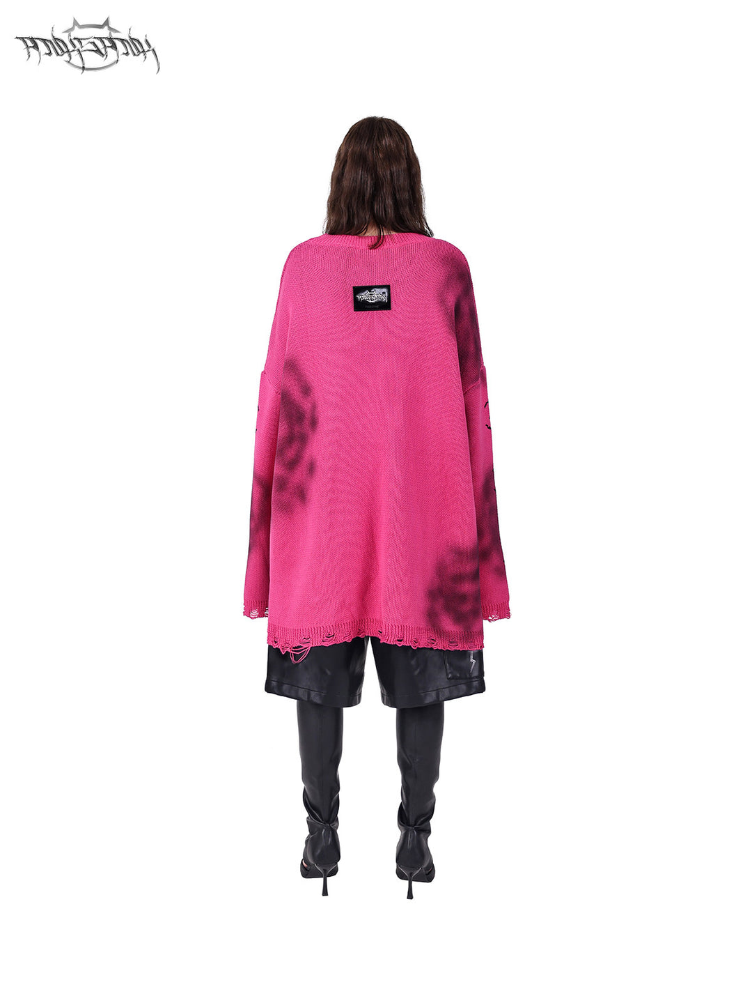 PINKSPINK ELECTRIC MOON graffiti color-block sweater — alternate modeled view showing the silhouette