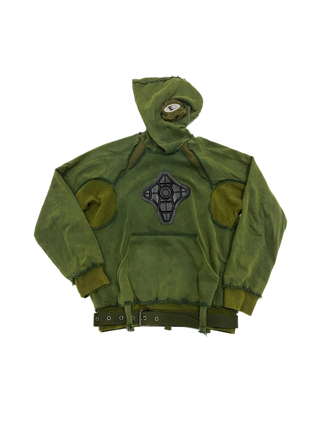 EMBRYO GREEN GUARD distressed armor hoodie — alternate styled presentation