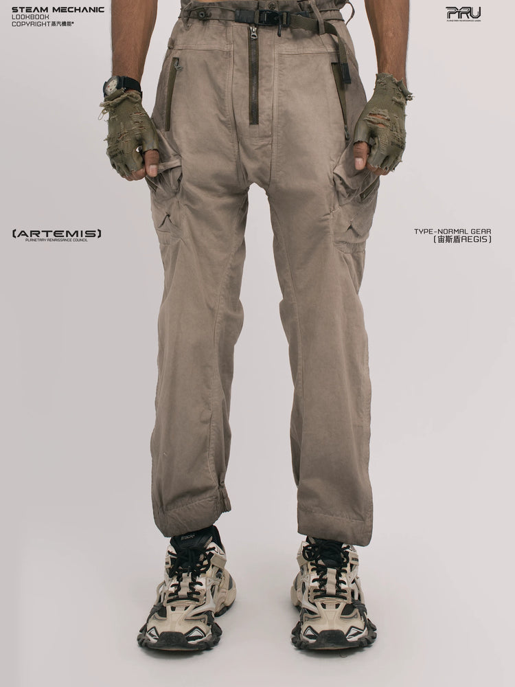 AEGIS xirang brown multi-pocket moto pants — front modeled product view