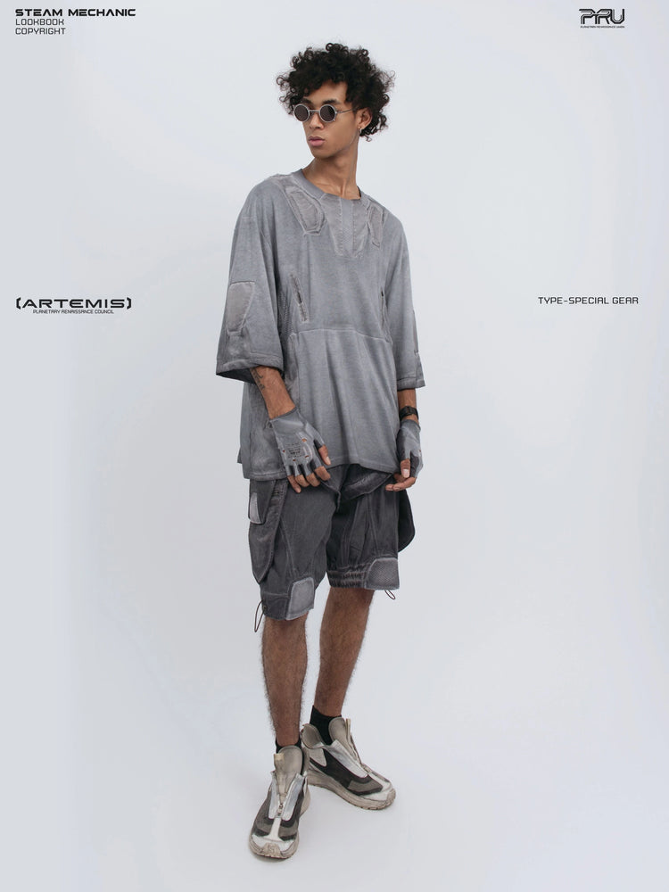 STARCORE stellar blue distressed mesh tee — full-length angled front view holding the hem