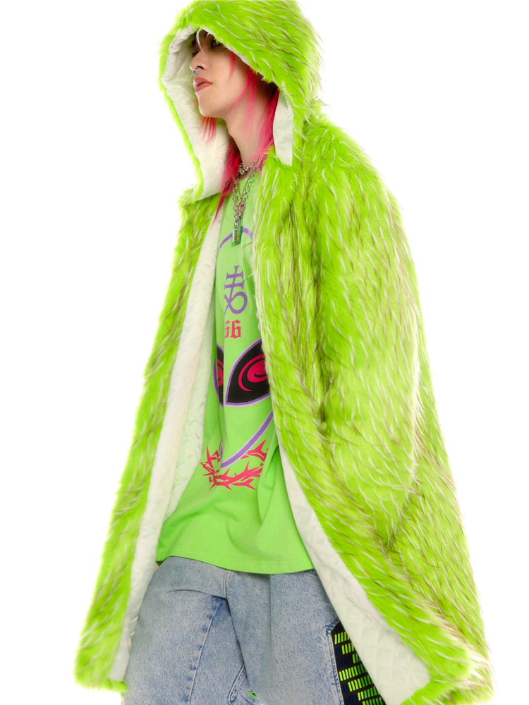 DEADENDKIDS ALIEN LIME long faux-fur hooded coat — front product presentation