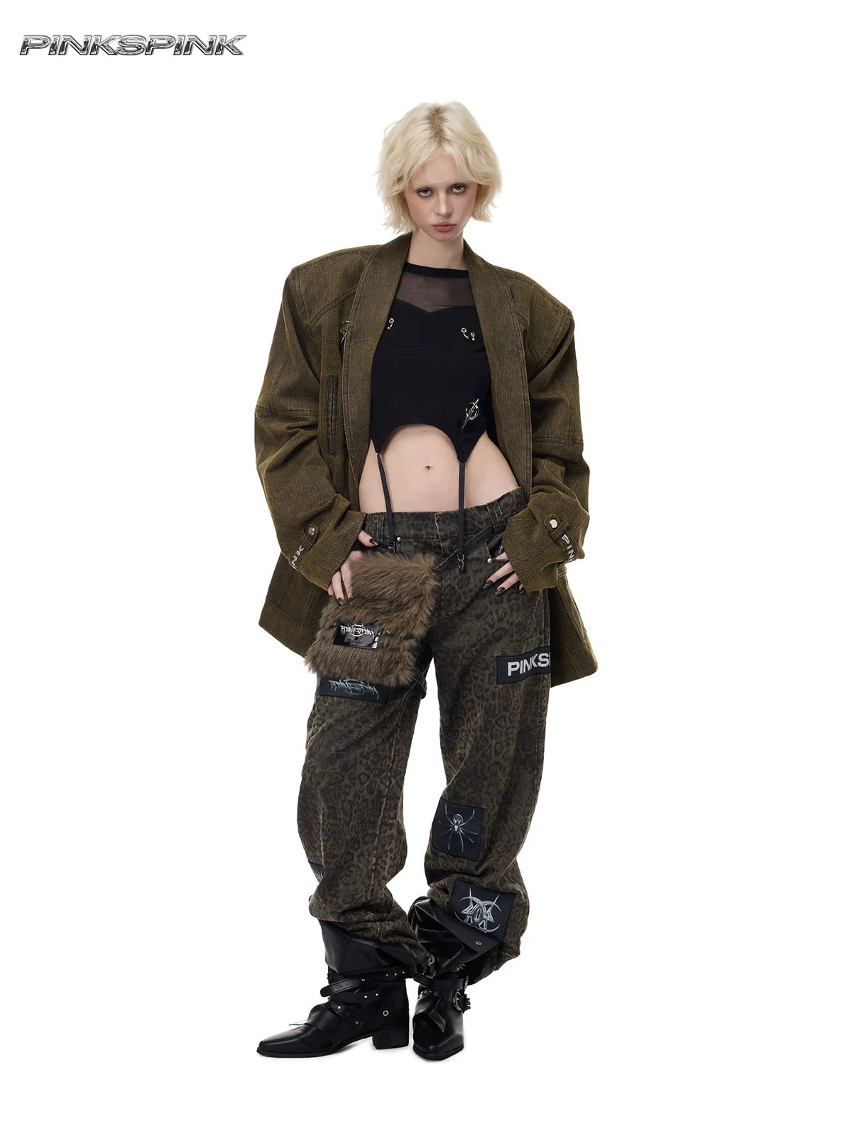 PINKSPINK LEOPARD RIOT detachable-pouch wide-leg pants — front full-length styling with brown blazer