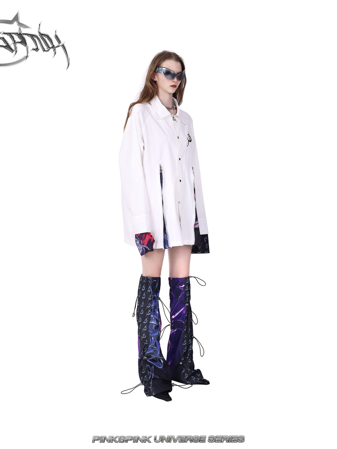 PINKSPINK COSMOS zip-panel white trench coat in white — angled full-length modeled view with the zip panels open