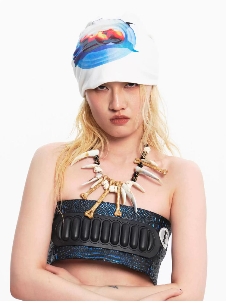 EMBRYO PLAN white graphic slouch beanie — graphic and construction detail