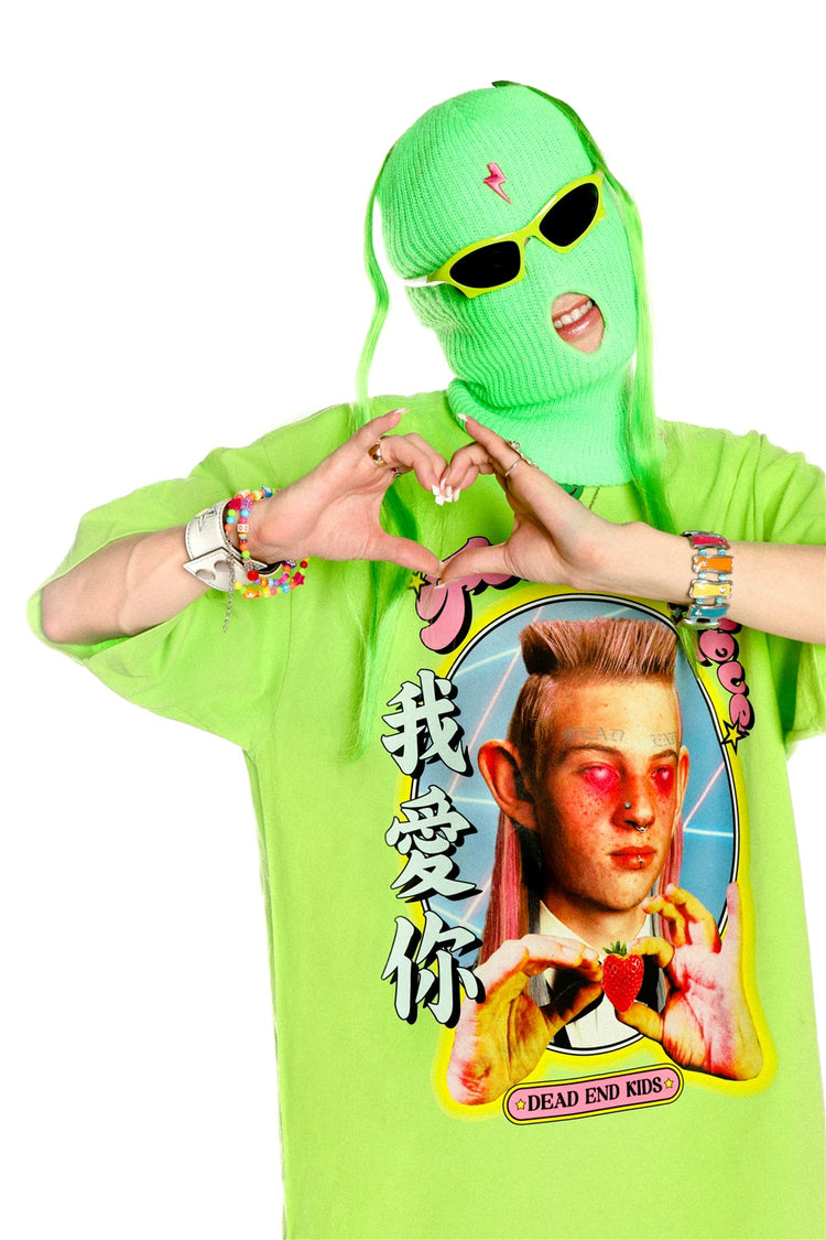 DEADENDKIDS LOVE HATE oversized graphic tee — rear modeled view